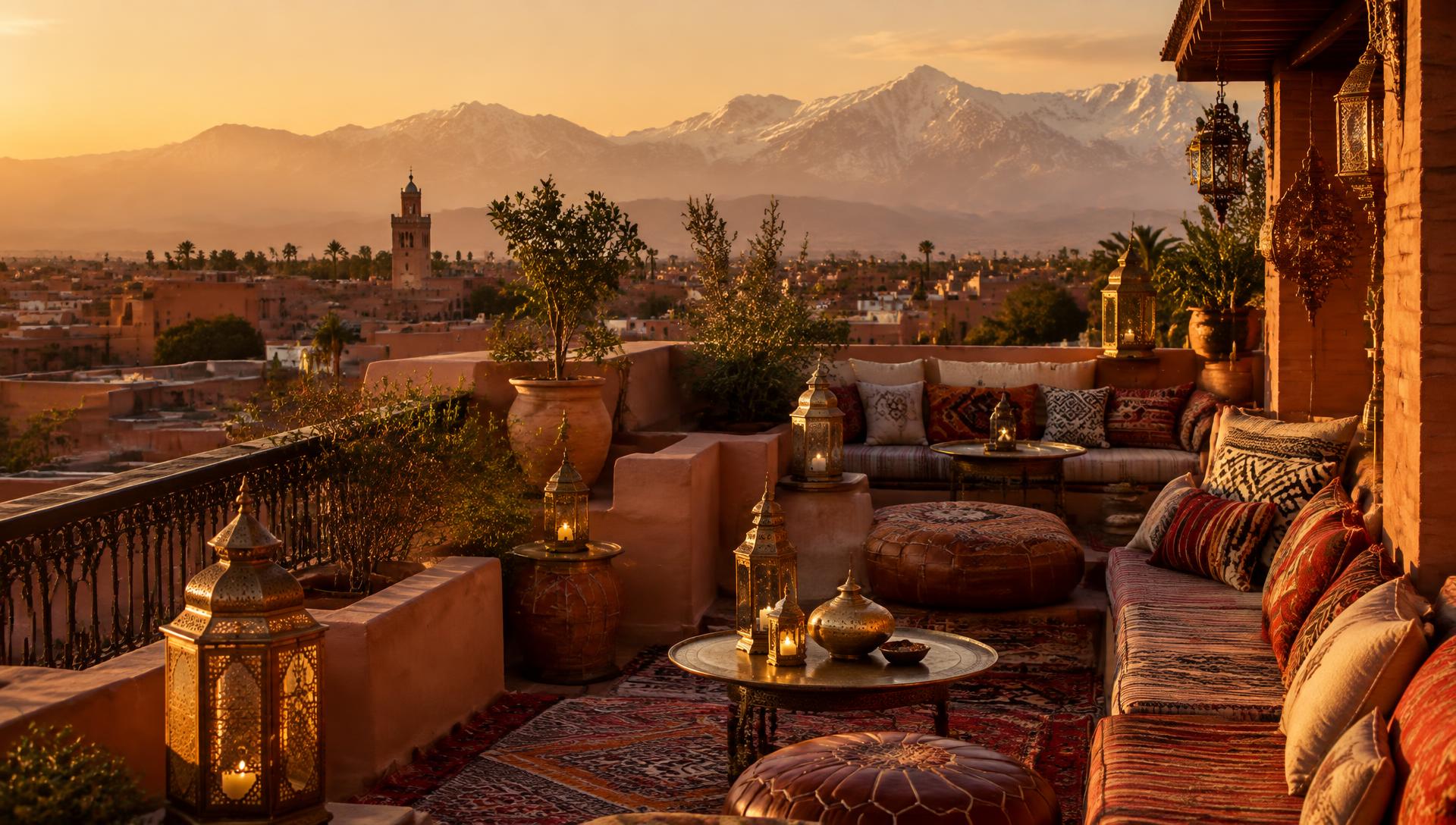 Golden hour over a Marrakesh rooftop, Atlas mountains in the distance